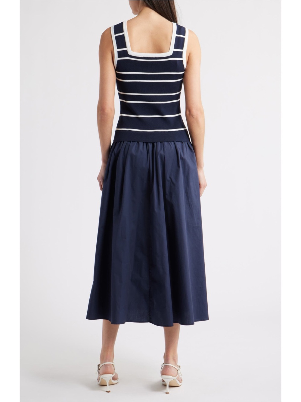 Zoe and Claire Mixed Media Sleeveless Midi Dress in Navy Blue and White - Picture 3 of 11